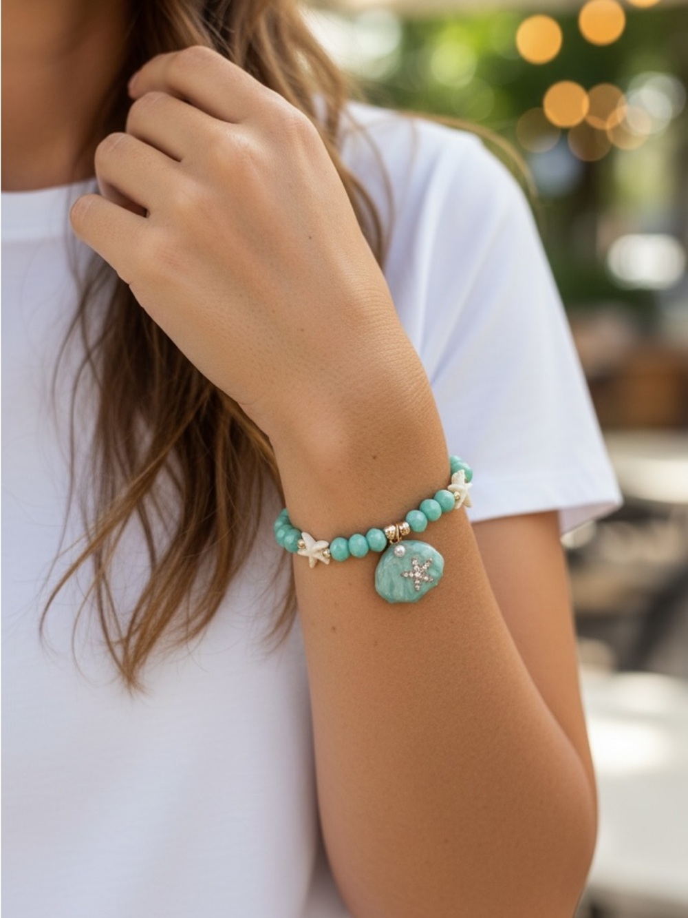 New Seafoam Beaded Starfish Charm Bracelet - Women Jewelry